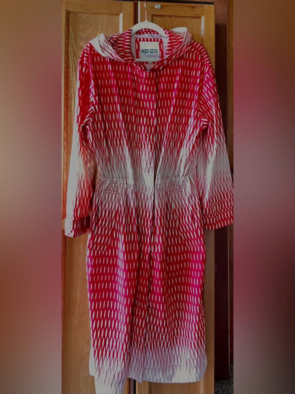 KENZO Red and White Patterned 45” Long Raincoat with Hood